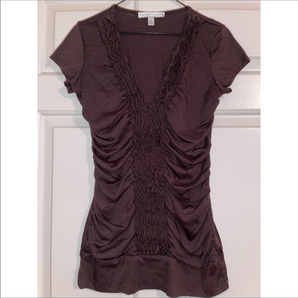 Brown Ruched Form Fitting Stretchy Stylish Top Size S